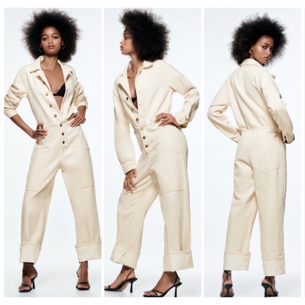 Zara Cream Painters Denim Jumpsuit